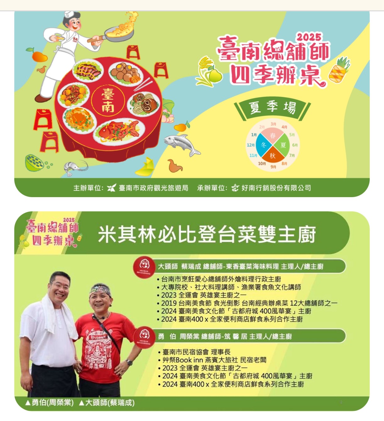 30日中午於四草大眾廟熱鬧開桌,來自北中南的饕客齊聚一堂,除了品嚐由兩位米其林必比登推介名廚,東香台菜大頭師(蔡瑞成)與筑馨居勇伯(周榮棠)聯手推出的十道精緻手路菜 719fc80521498c59204f1e23e71c0df4
